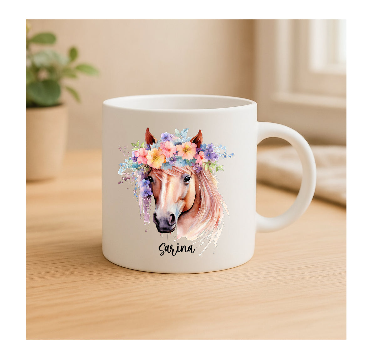 Matte Keramiktasse mit Pferdekopf und Blumen, hochwertiger Sublimationsdruck, Geschenkidee für Pferdefans, Kinder und Erwachsene