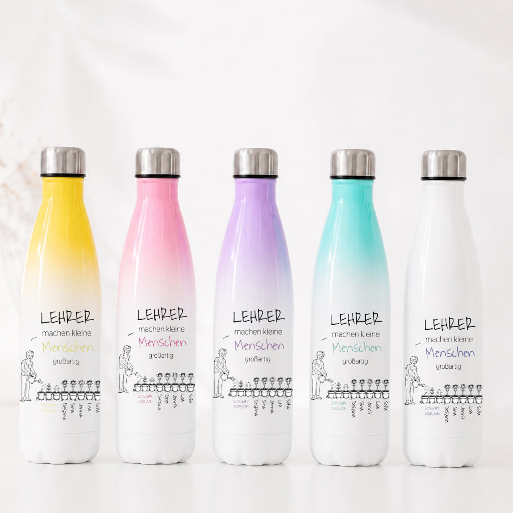 Lehrergeschenk Thermosflasche mit individueller Lehrerfigur und Namen der Kinder.