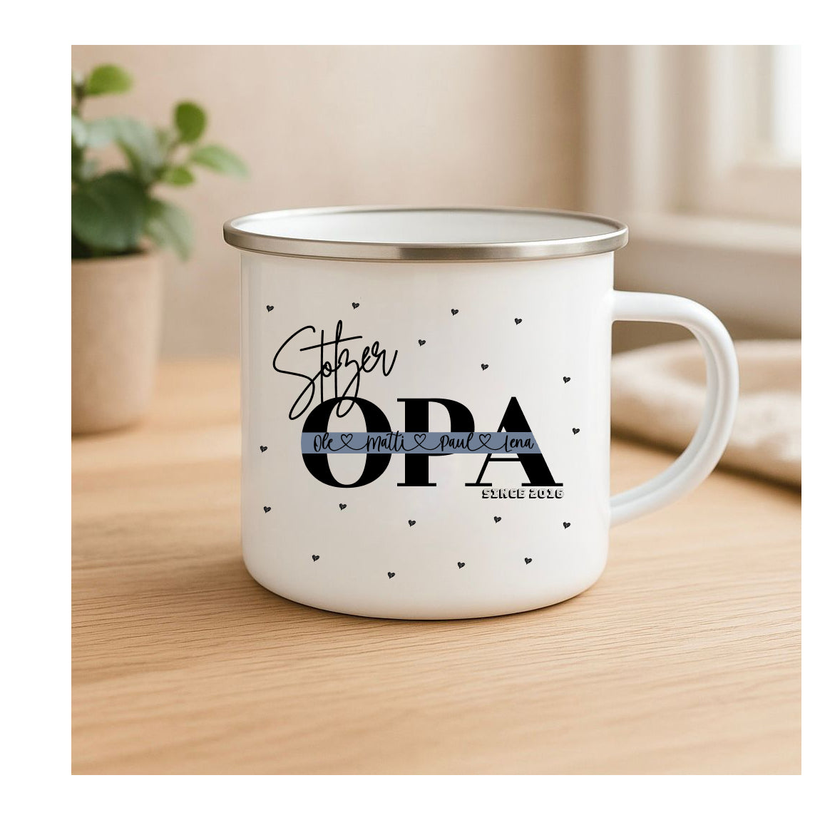 Personalisierte Emailletasse ‚Stolzer OPA‘ mit Kindernamen und Geburtsjahr – liebevolles Geschenk für Opas