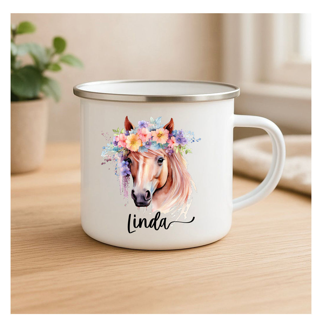 Emailletasse mit Pferdekopf und Blumen im Vintage-Look, leichter kratzfester Sublimationsdruck, Kindertasse für Pferdefans und Outdoor