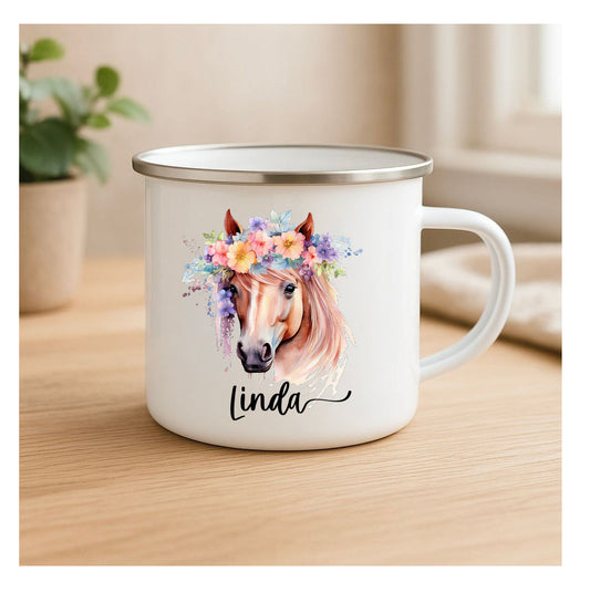 Emailletasse mit Pferdekopf und Blumen im Vintage-Look, leichter kratzfester Sublimationsdruck, Kindertasse für Pferdefans und Outdoor
