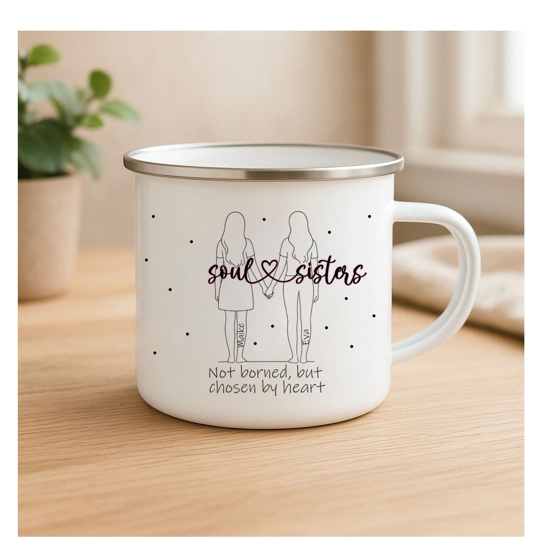 Soulsisters Emailletasse personalisiert – Freundinnen Geschenk mit Namen und Silhouetten