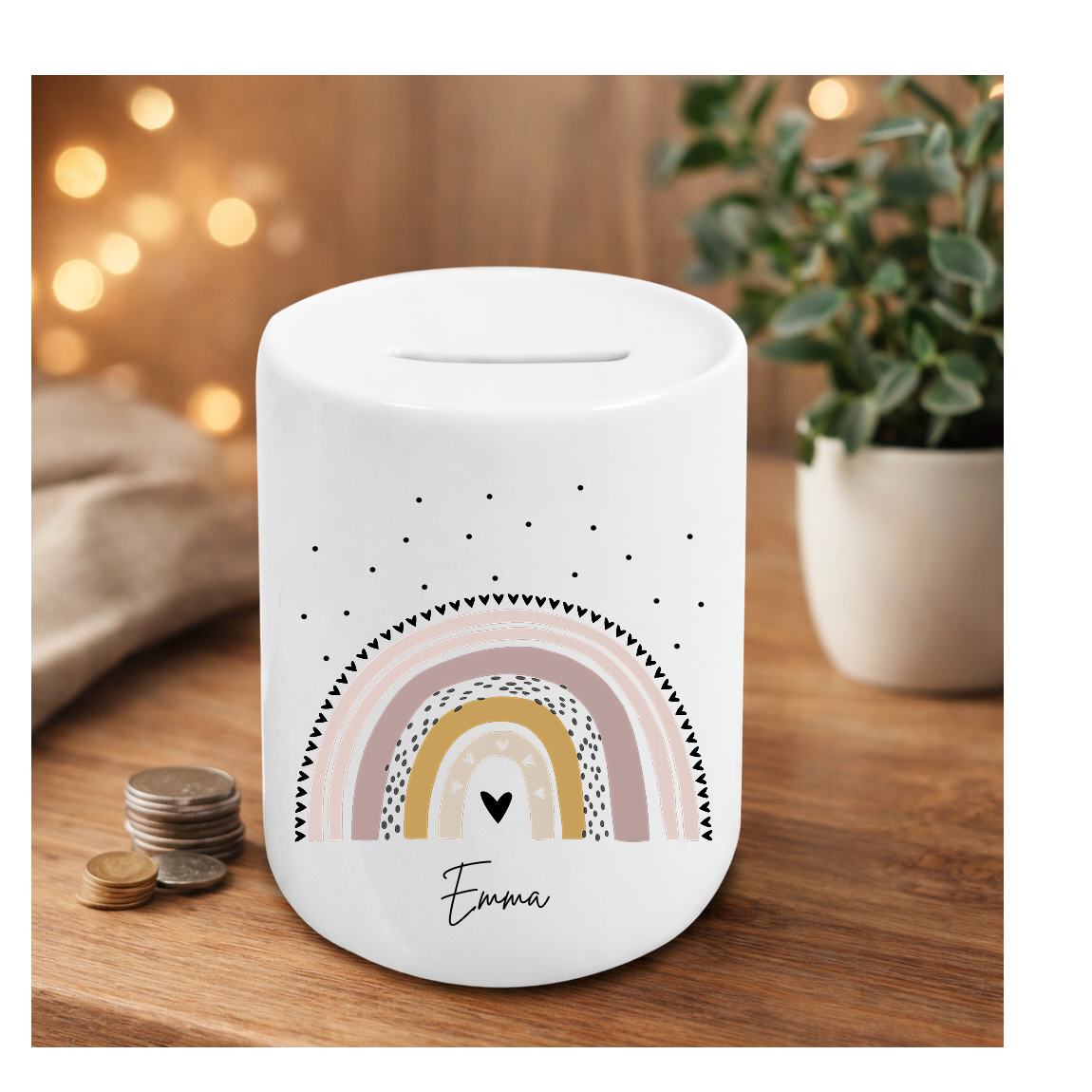 Personalisierte Spardose für Mädchen mit Regenbogen in Rosé-Tönen und Namen – Geschenk zur Geburt oder Einschulung