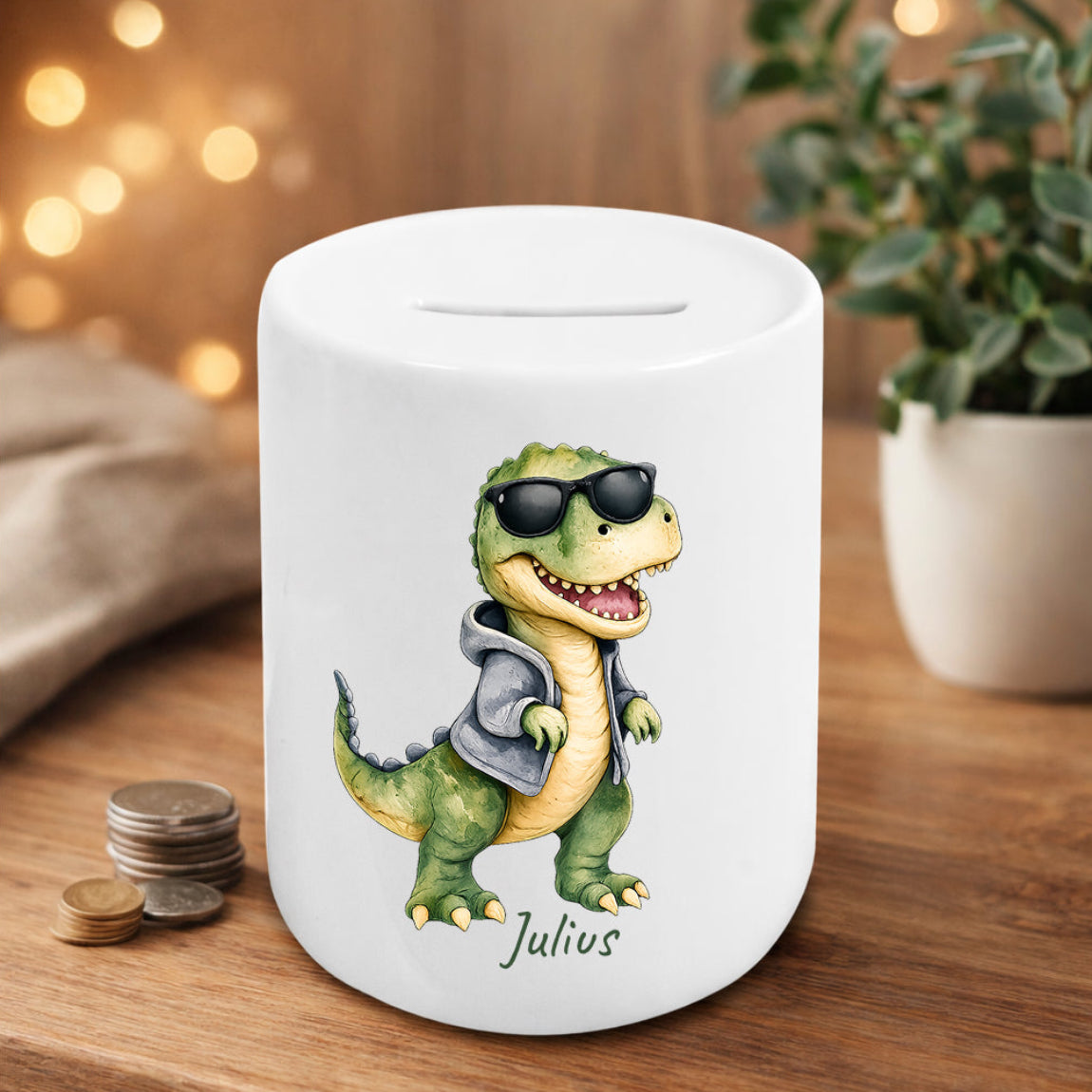 Klassische Dino Spardose aus Keramik mit Name – personalisierte Spardose für Dinosaurier Fans