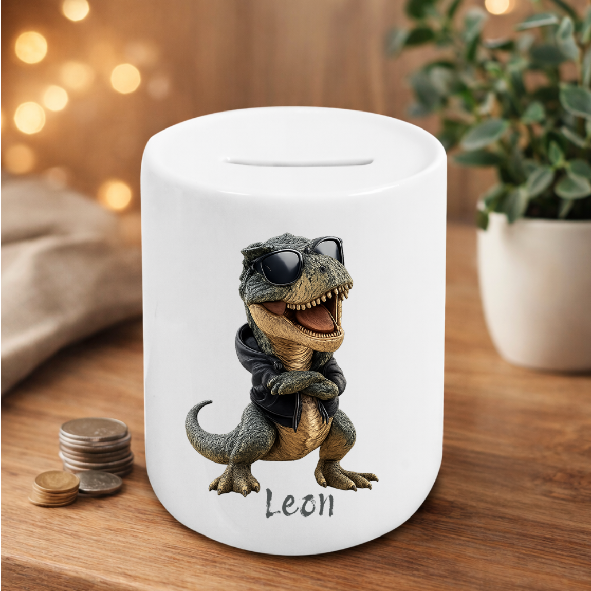 T-Rex Spardose personalisiert mit Name – coole Dinosaurier Spardose aus Keramik für Kinder