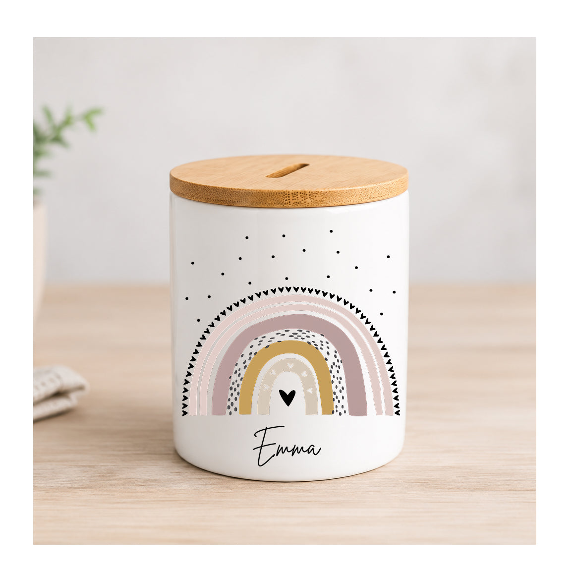 Personalisierte Spardose mit Regenbogen – Geschenk zur Geburt, Taufe, Geburtstag & Einschulung