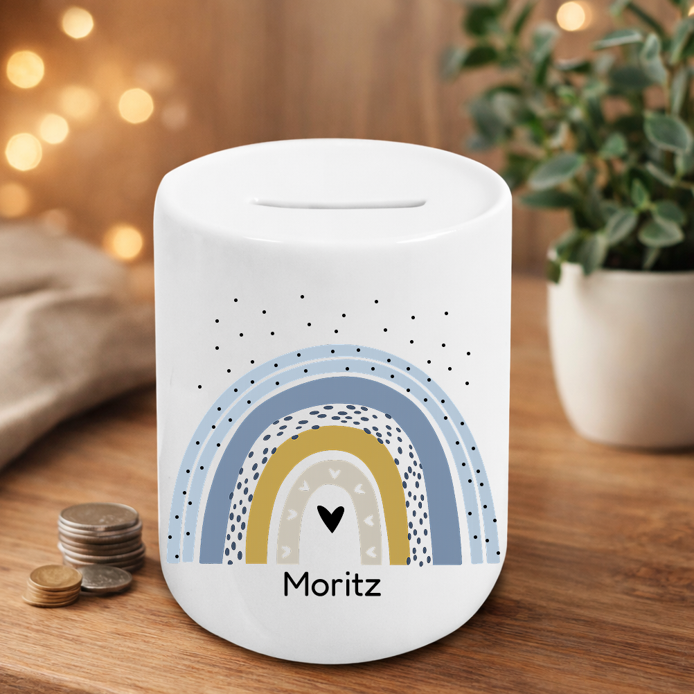 Personalisierte Spardose mit Regenbogenmotiv und Namen – liebevolle Geschenkidee für Kinder, Taufe, Geburtstag oder zur Geburt