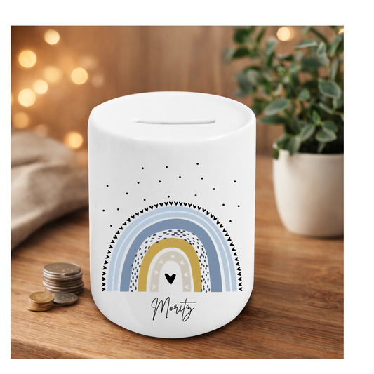 Personalisierte Spardose für Jungen mit Regenbogen in Blautönen und Namen – Geschenk zur Geburt oder Taufe