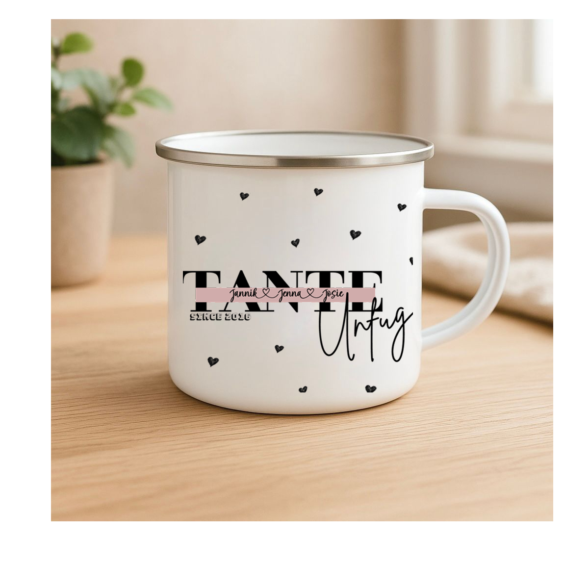Personalisierte Tasse „Tante Unfug“ mit Namen der Nichten und Neffen, lustiges Geschenk für Tante