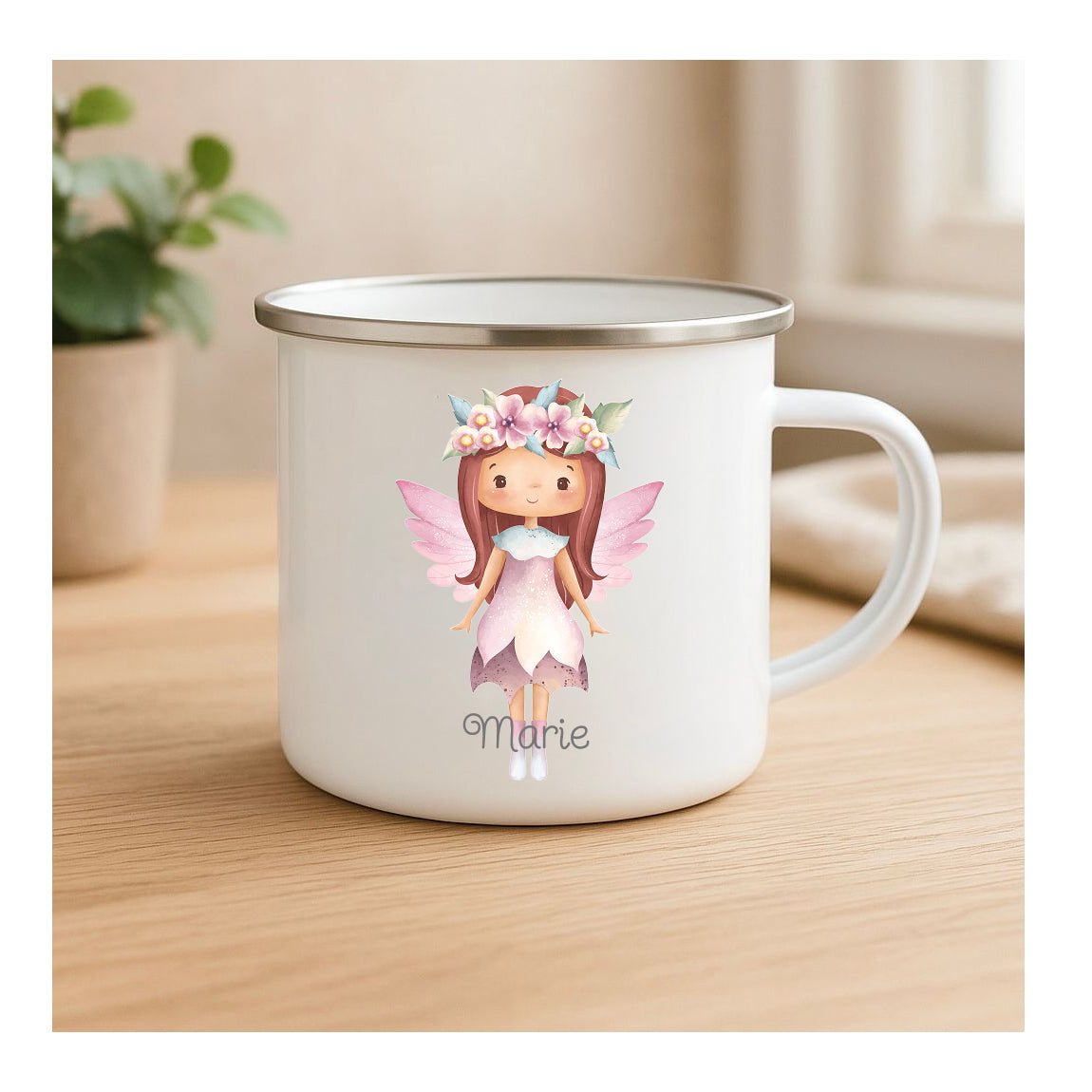 Emailletasse mit Fee und Blumen, Vintage-Look, kratzfester Sublimationsdruck, leichte Kindertasse für Outdoor und Geschenk