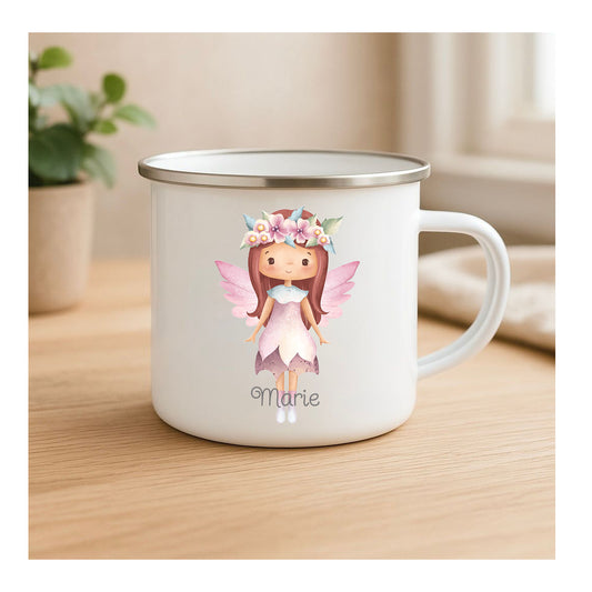 Emailletasse mit Fee und Blumen, Vintage-Look, kratzfester Sublimationsdruck, leichte Kindertasse für Outdoor und Geschenk