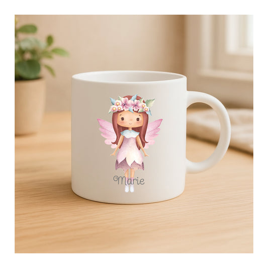 Matte Keramiktasse mit rosa Fee und Blumen, hochwertiger Sublimationsdruck, Geschenkidee für Kinder und Erwachsene
