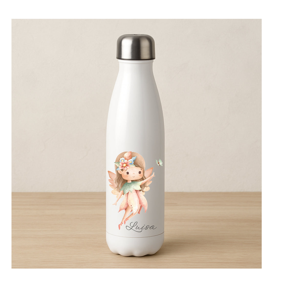 Personalisierte Thermosflasche aus Edelstahl mit Feen-Motiv – beidseitig bedruckt, Sublimationsdruck, robust und langlebig