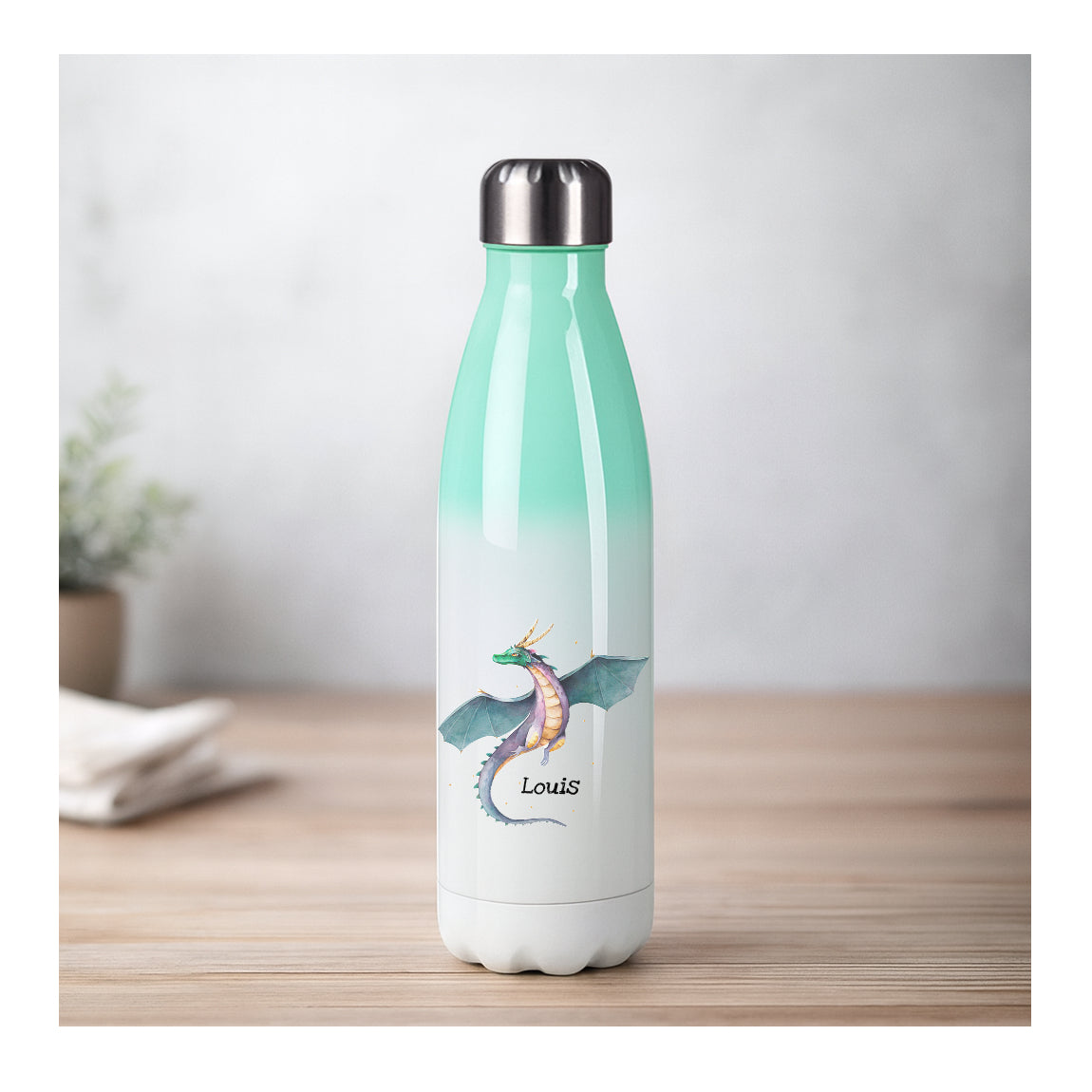 Personalisierte Edelstahl Thermosflasche mit Farbverlauf und Drachenmotiv, beidseitiger Sublimationsdruck, BPA-frei, für Kinder