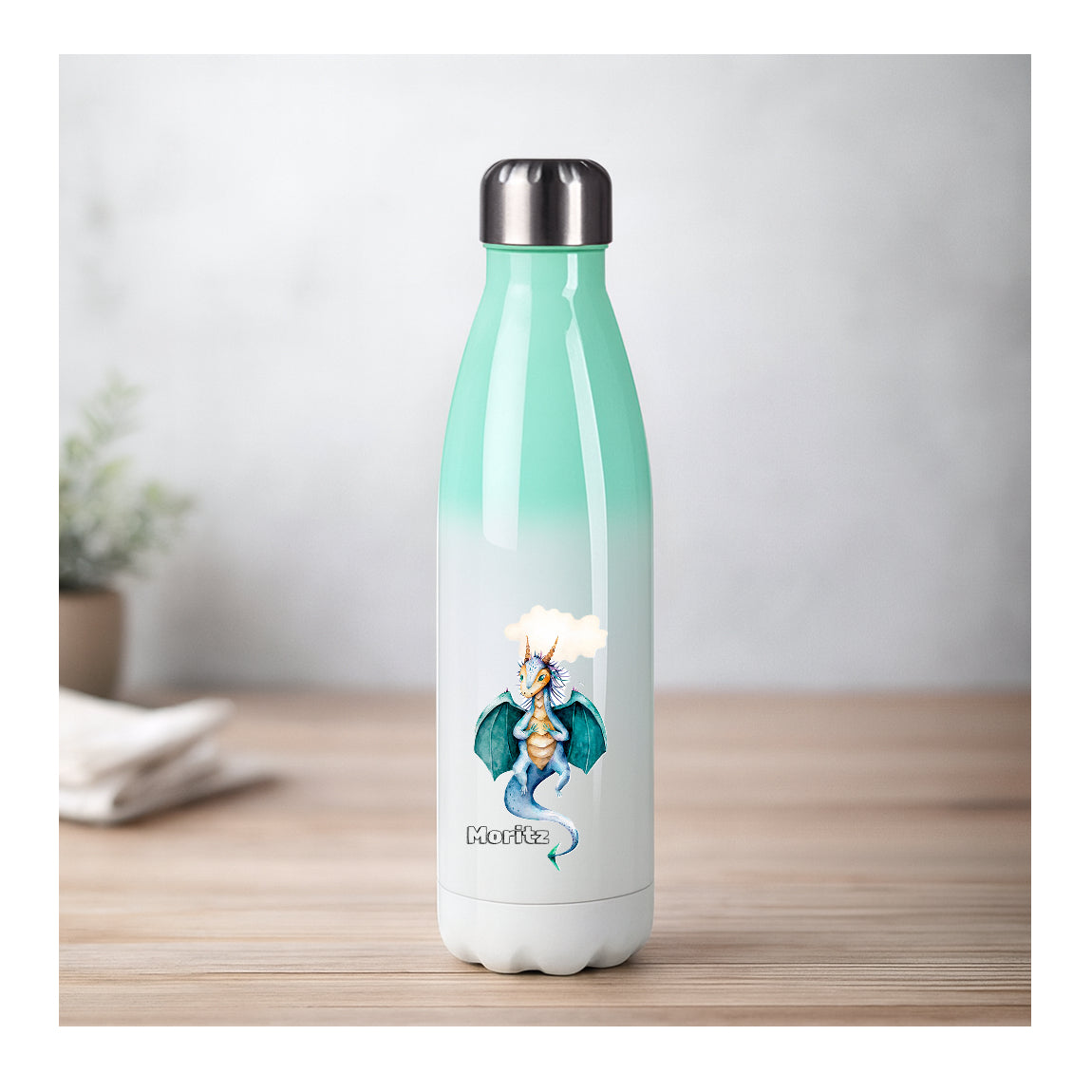 Personalisierte Edelstahl Thermosflasche mit Farbverlauf und Drachenmotiv, beidseitiger Sublimationsdruck, BPA-frei, für Kinder