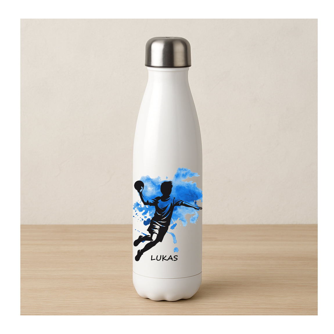 Personalisierte Edelstahl-Thermosflasche mit Handballer-Motiv im Torwurf – doppelwandig, Sublimationsdruck, Trinkflasche für Kinder