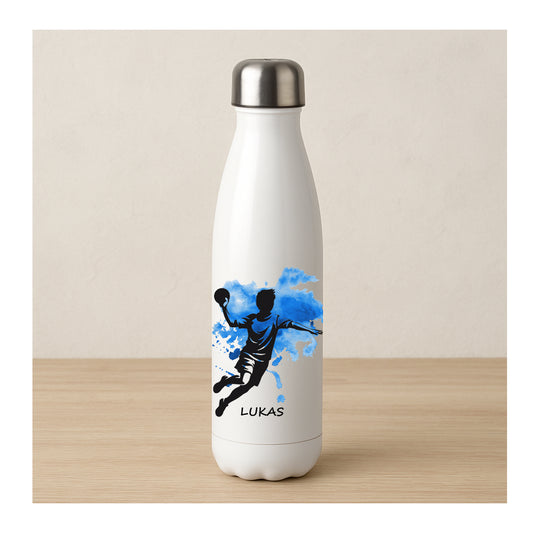 Personalisierte Edelstahl-Thermosflasche mit Handballer-Motiv im Torwurf – doppelwandig, Sublimationsdruck, Trinkflasche für Kinder