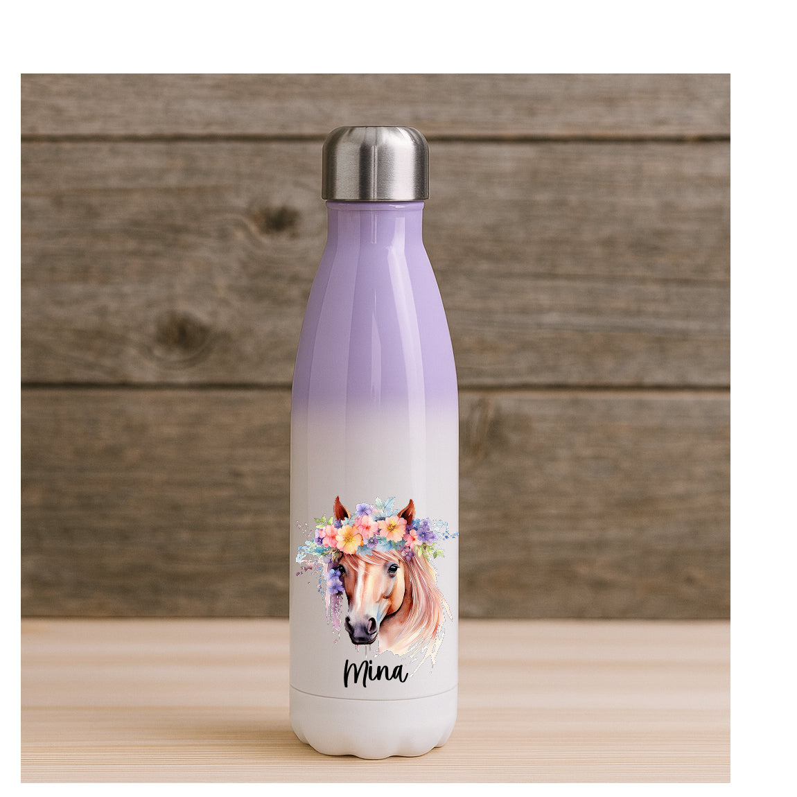 Personalisierte Edelstahl Thermosflasche mit Farbverlauf und romantischem Pferdemotiv, beidseitiger Sublimationsdruck, BPA-frei