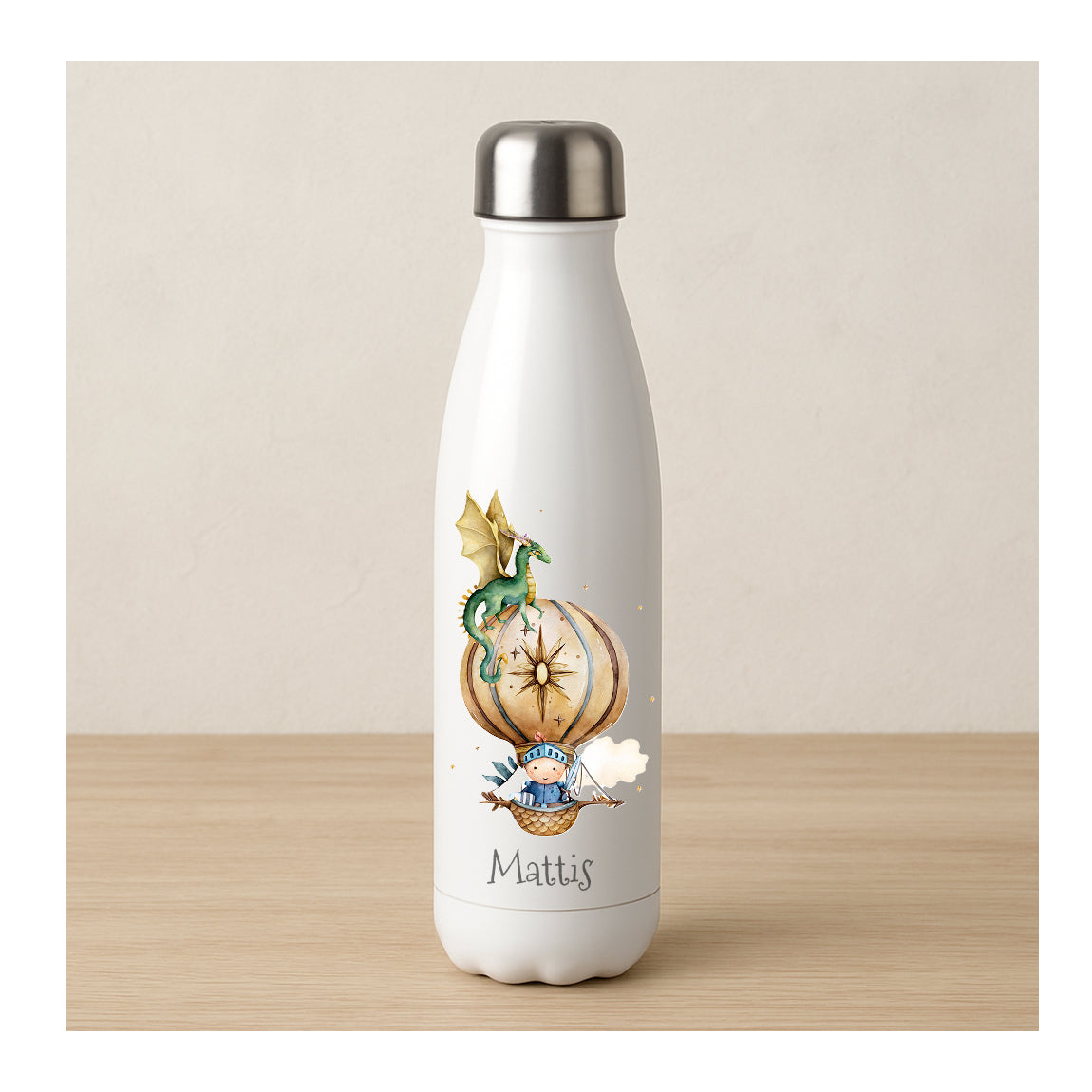 Personalisierte Edelstahl Thermosflasche mit Ritter im Heißluftballon und Drache, Sublimationsdruck, BPA-frei, für Kinder
