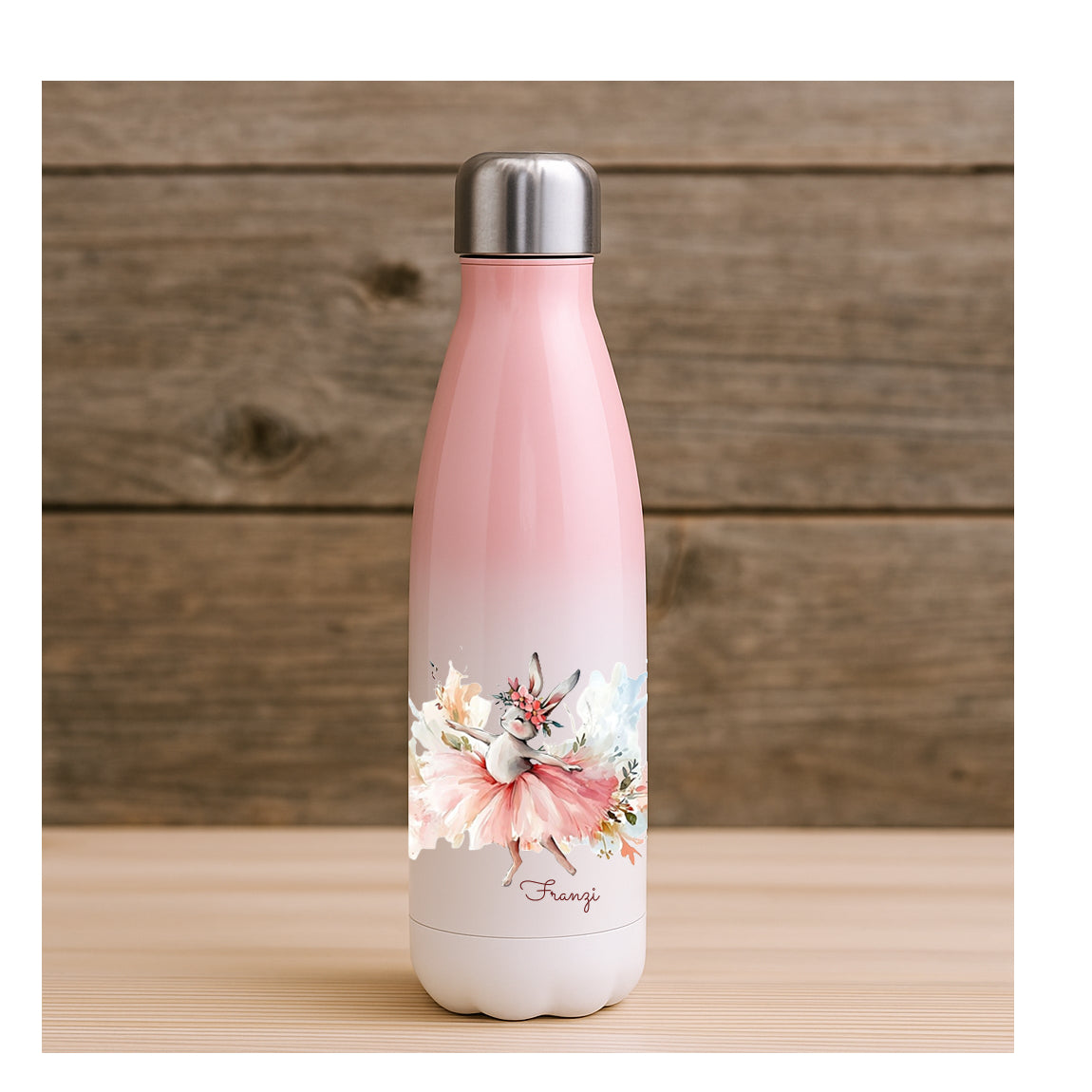 Personalisierte Edelstahl Thermosflasche mit Farbverlauf und Ballerinahäschen-Motiv, beidseitiger Sublimationsdruck, BPA-frei, für Kinder