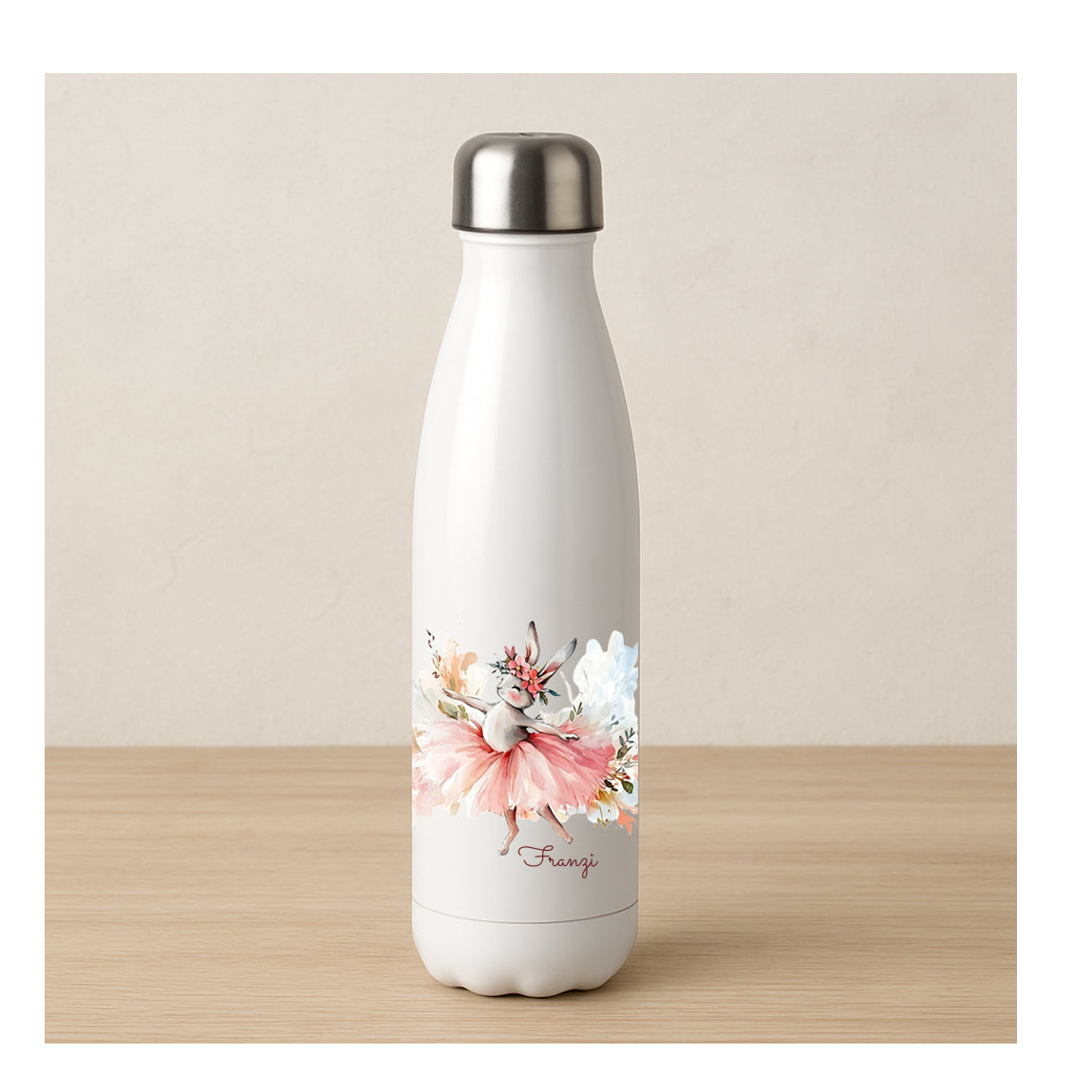 Personalisierte Edelstahl-Thermosflasche 600 ml mit Ballerinahäschen-Motiv, BPA-frei, für Kinder