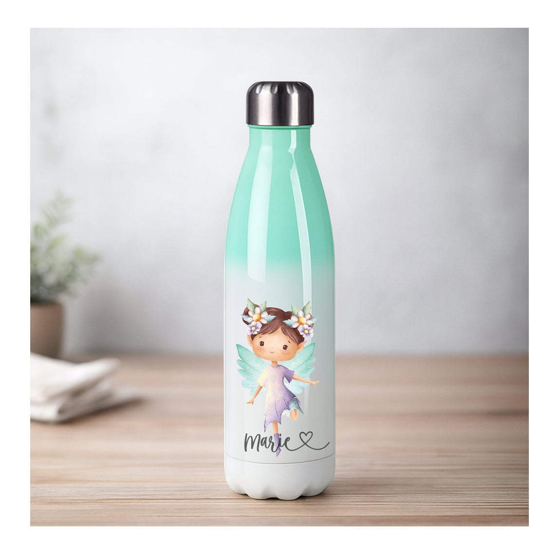 Personalisierte Feen-Thermosflasche aus Edelstahl, lila Motiv, ideal für Schule, Kita & Sport