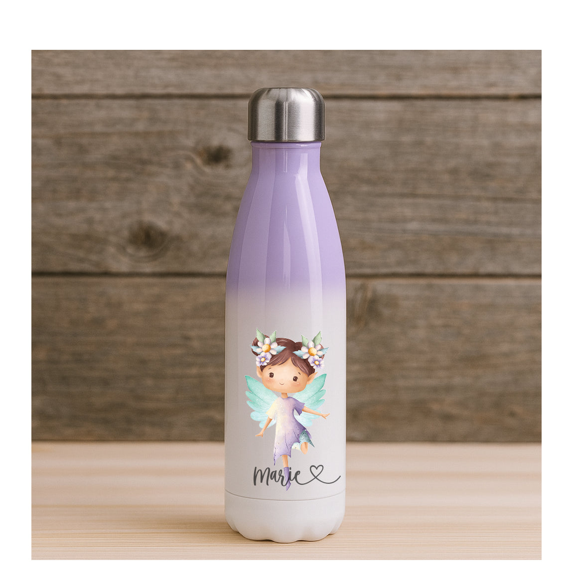 Personalisierte Edelstahl Thermosflasche mit lila Feenmotiv, beidseitiger Sublimationsdruck, BPA-frei, für Kinder und Jugendliche