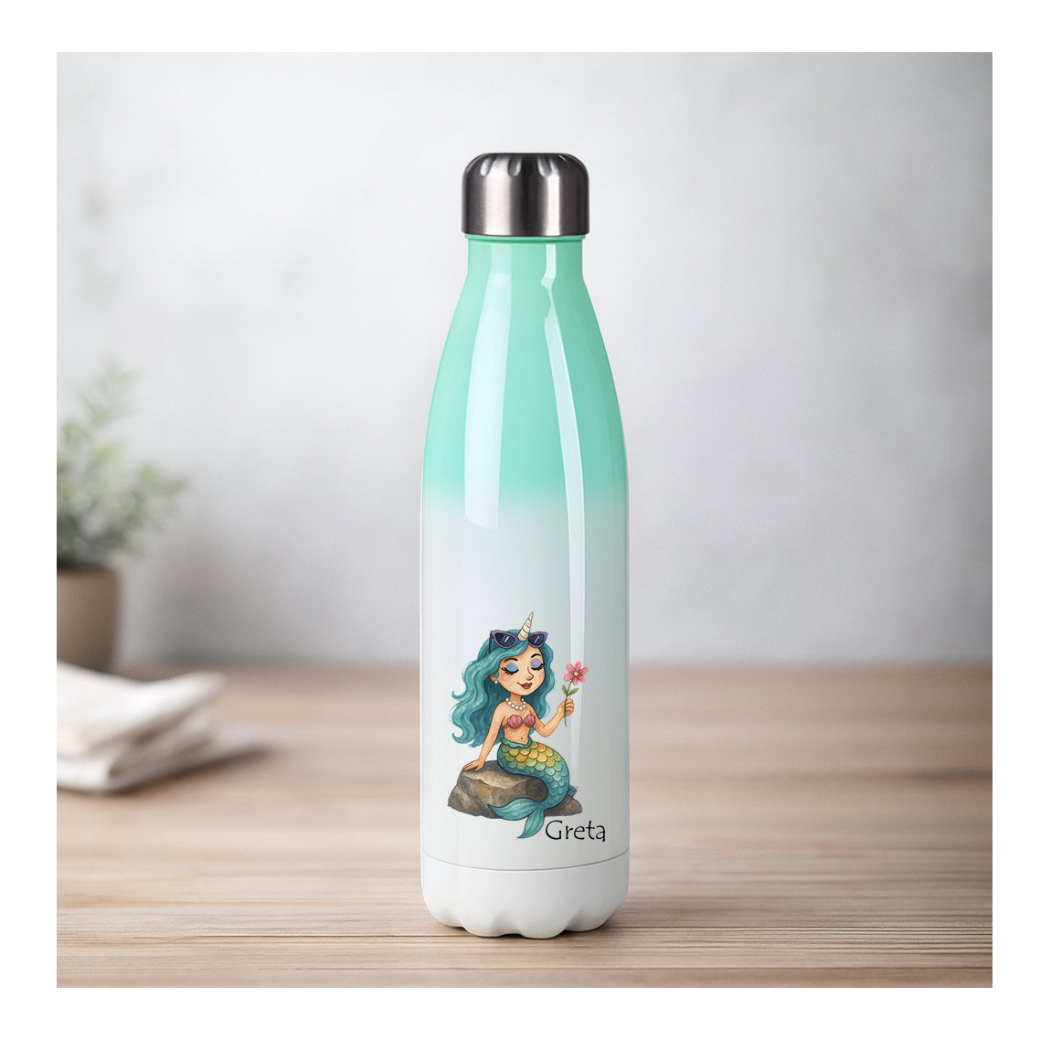 Personalisierte Edelstahl Thermosflasche mit Farbverlauf und Einhorn Meerjungfrau, beidseitiger Sublimationsdruck, BPA-frei, für Kinder
