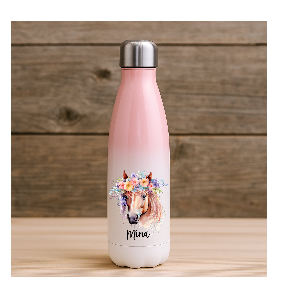Edelstahl Thermosflasche Pferdeliebhaber, personalisierbar mit Namen, beidseitig bedruckt, perfektes Geschenk für Kinder & Jugendliche