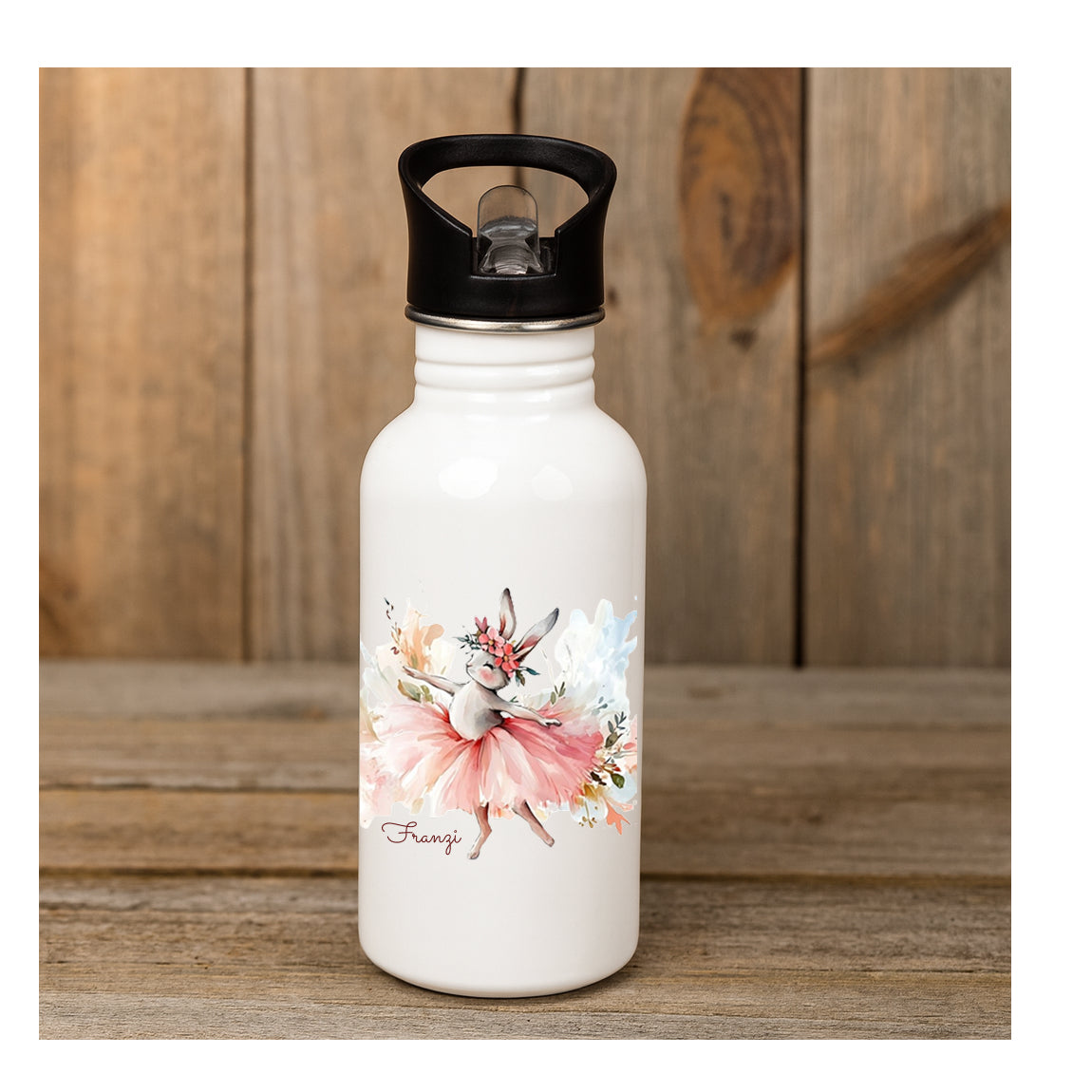Personalisierte Edelstahl-Trinkflasche 600 ml mit Ballerina-Häschen und floralen Elementen, beidseitiger Sublimationsdruck, BPA-frei, für Kinder