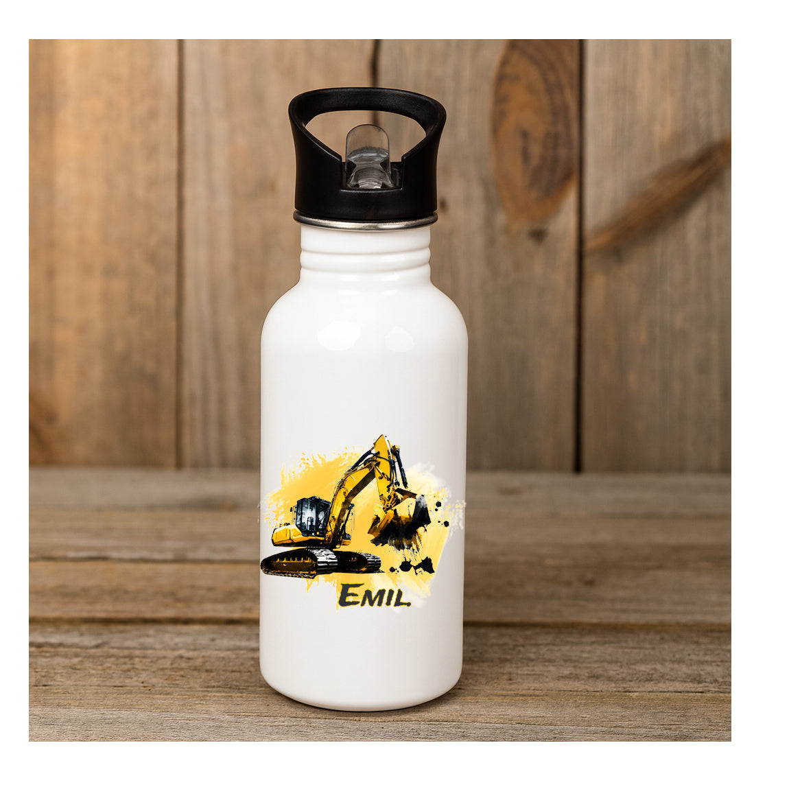 Personalisierte Edelstahl-Trinkflasche 600 ml mit Bagger-Motiv, beidseitiger Sublimationsdruck, BPA-frei, individuell mit Namen für Kinder