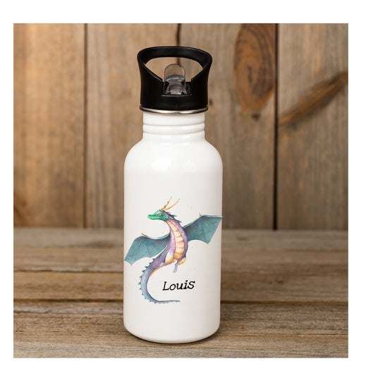Personalisierte Edelstahl-Trinkflasche 600 ml mit Drachenmotiv, beidseitiger Sublimationsdruck, BPA-frei, individuell mit Namen für Kinder
