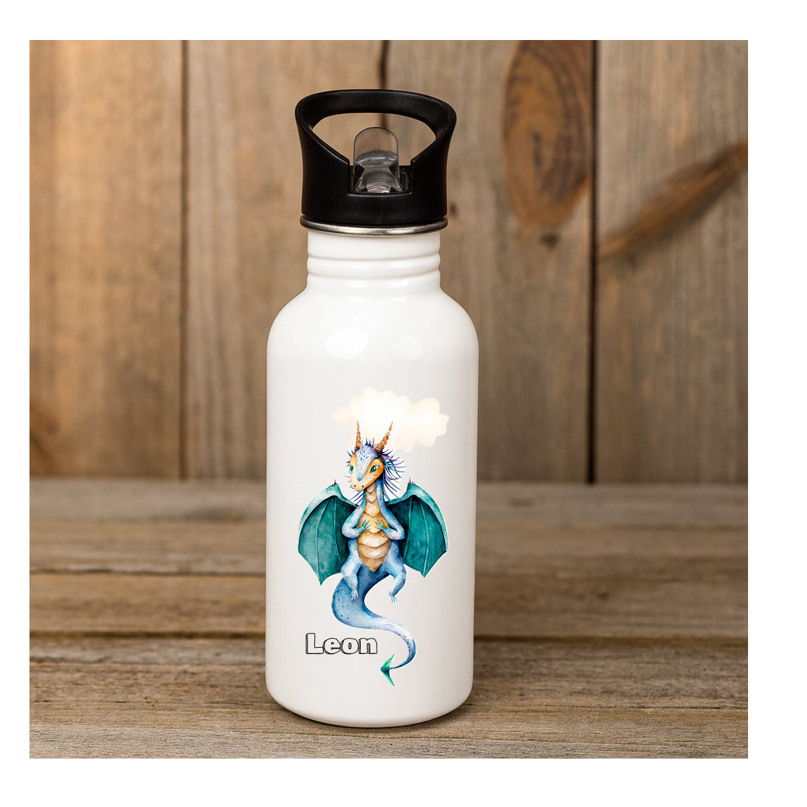 Personalisierte Edelstahl-Trinkflasche 600 ml mit Drachenmotiv, beidseitiger Sublimationsdruck, BPA-frei, individuell mit Namen für Kinder