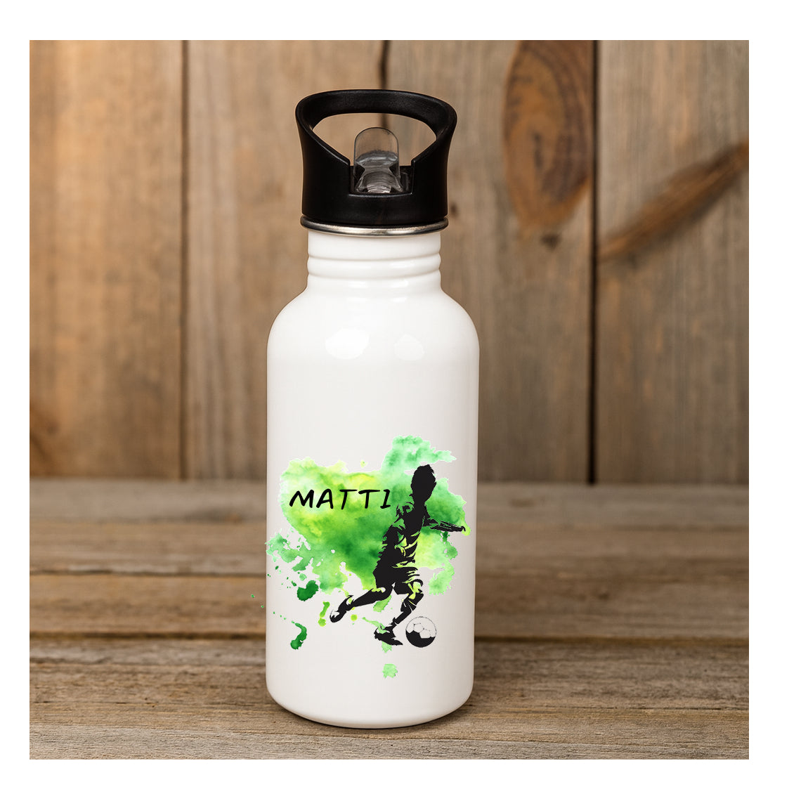 Personalisierte Edelstahl-Trinkflasche 600 ml mit Fußballer-Motiv, beidseitiger Sublimationsdruck, BPA-frei, individuell mit Namen für Kinder