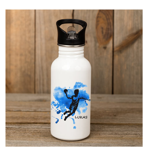 Personalisierte Edelstahl-Trinkflasche mit Handballer-Motiv, beidseitiger Sublimationsdruck, BPA-frei, individuell mit Namen für Kinder