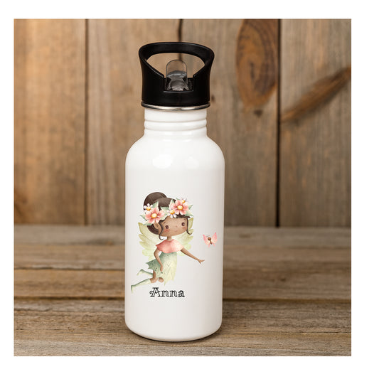 Personalisierte Edelstahl-Trinkflasche 600 ml mit magischer Fee, beidseitiger Sublimationsdruck, BPA-frei, individuell mit Namen für Kinder