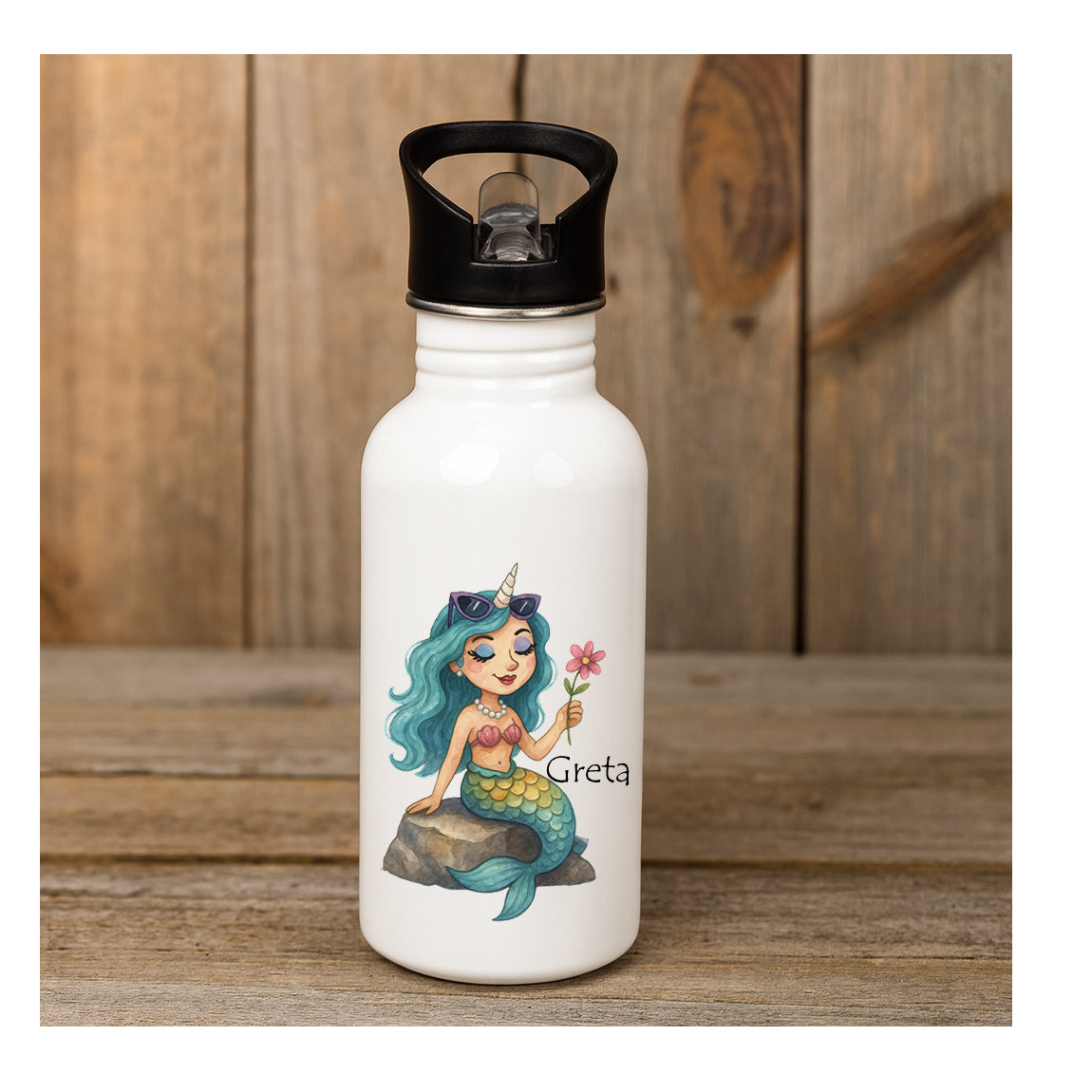 Personalisierte Edelstahl Trinkflasche 600 ml mit Einhorn Meerjungfrau, beidseitiger Sublimationsdruck, BPA-frei, Kinder Trinkflasche