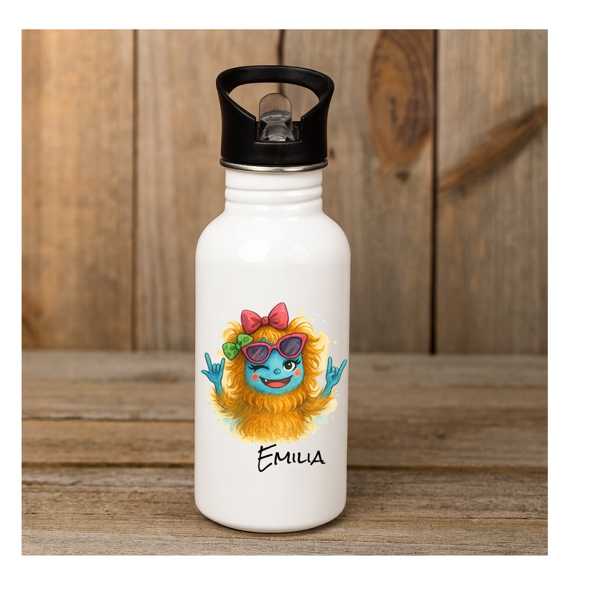 Personalisierte Edelstahl Trinkflasche 600 ml mit Trendy Monsterchen Sister Motiv, beidseitiger Sublimationsdruck, BPA-frei, für Mädchen