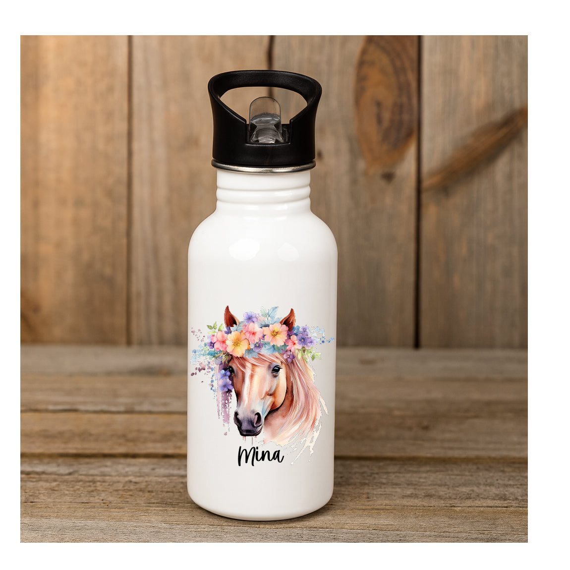 Personalisierte Edelstahl Trinkflasche 600 ml mit romantischem Pferdekopf und Blumen, beidseitiger Sublimationsdruck, BPA-frei, für Kinder