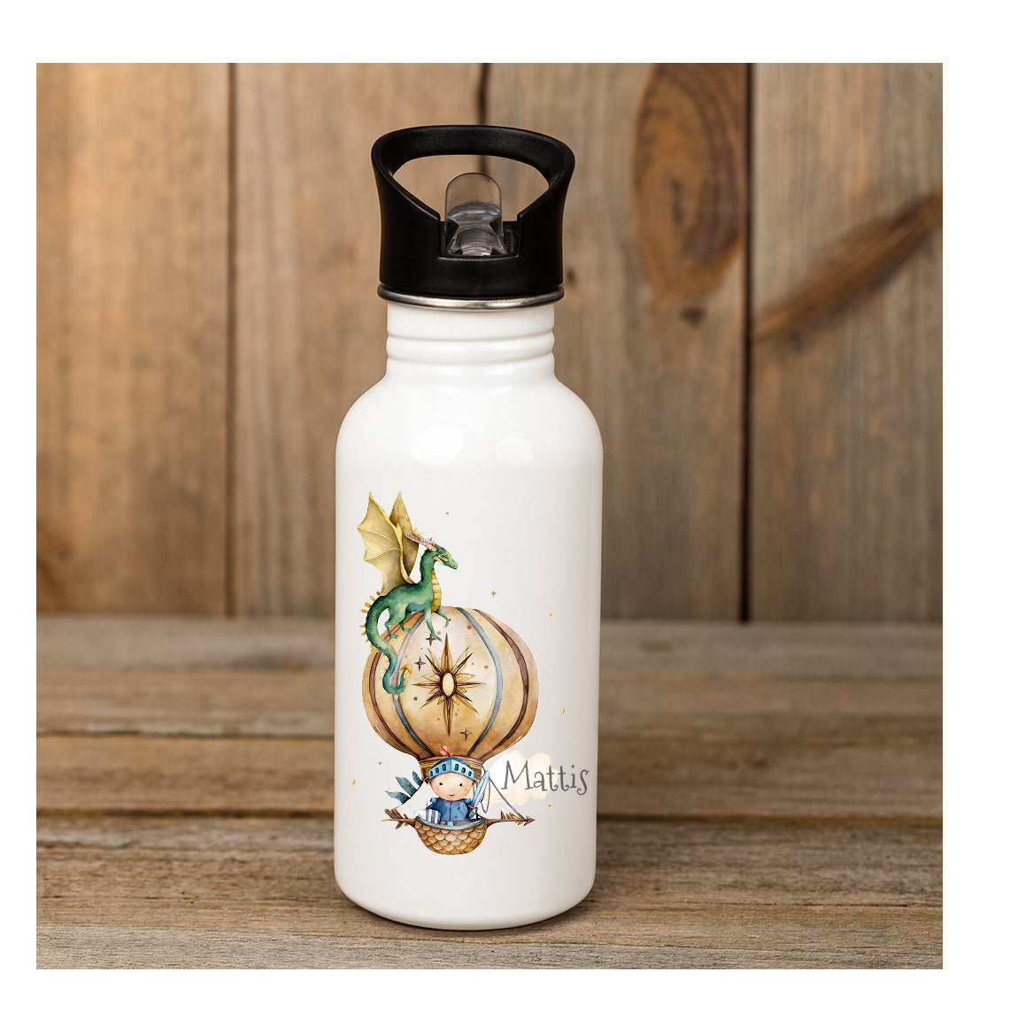Personalisierte Edelstahl-Trinkflasche 600 ml mit Ritter- und Drachenmotiv, beidseitiger Sublimationsdruck, BPA-frei, individuell mit Namen für Kinder