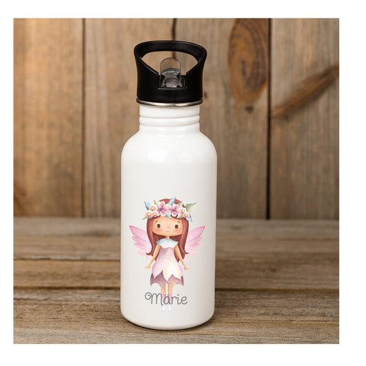 Personalisierte Flasche mit Fee Motiv, Edelstahl 600 ml, beidseitig bedruckt, ideal für Kita, Schule & Sport