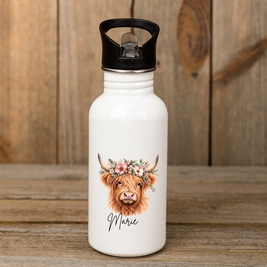 Personalisierte Trinkflasche Kinder mit Hochlandrind und Name