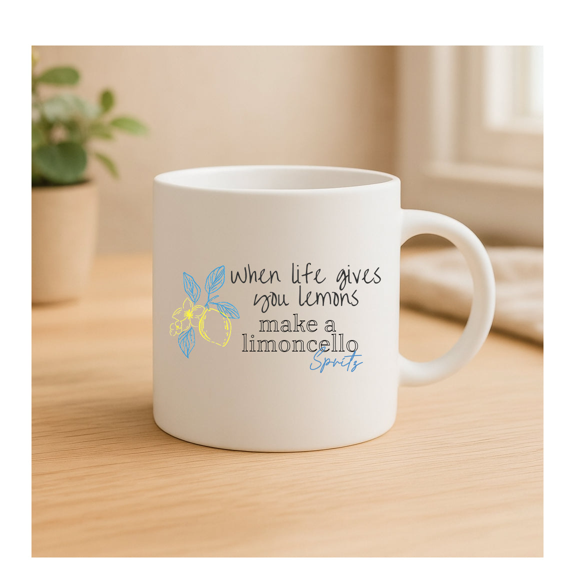 Keramiktasse mit Spruch „When life gives you lemons, make a limoncello spritz“, Vintage-Look, frisches Lemon-Design, humorvoll, Geschenkidee