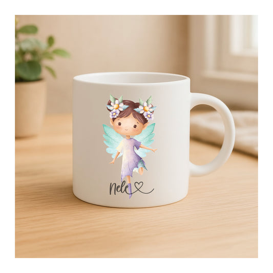Matte Keramiktasse mit Fee und Blumen, hochwertiger Sublimationsdruck, Geschenkidee für Kinder und Erwachsene
