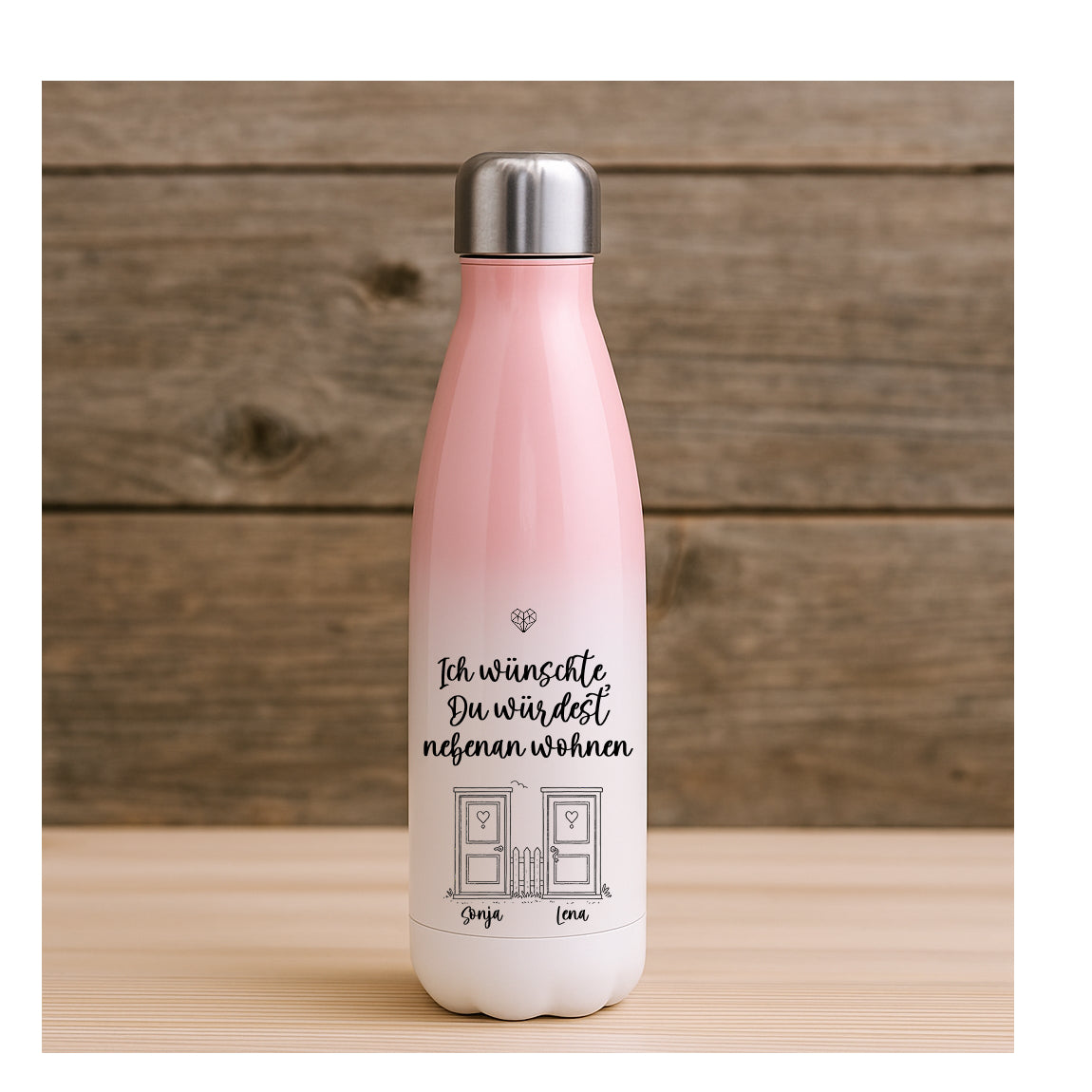 Personalisierbare Thermosflasche mit Farbverlauf und Spruch ‚Ich wünschte du würdest nebenan wohnen‘ – 500 ml